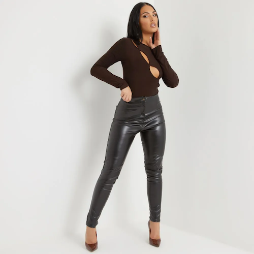 Model Wearing Black Faux Leather Leggings