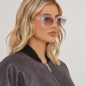 oversized frame sunglasses in clear with brown tinted lenses