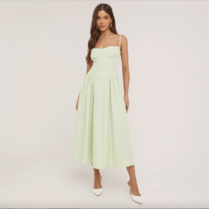 STRAPPY PLEATED SKATER MIDAXI DRESS IN PALE GREEN