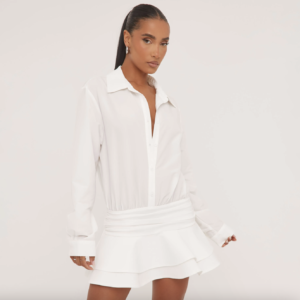 plunge neckline flippy hem shirt mini dress in white