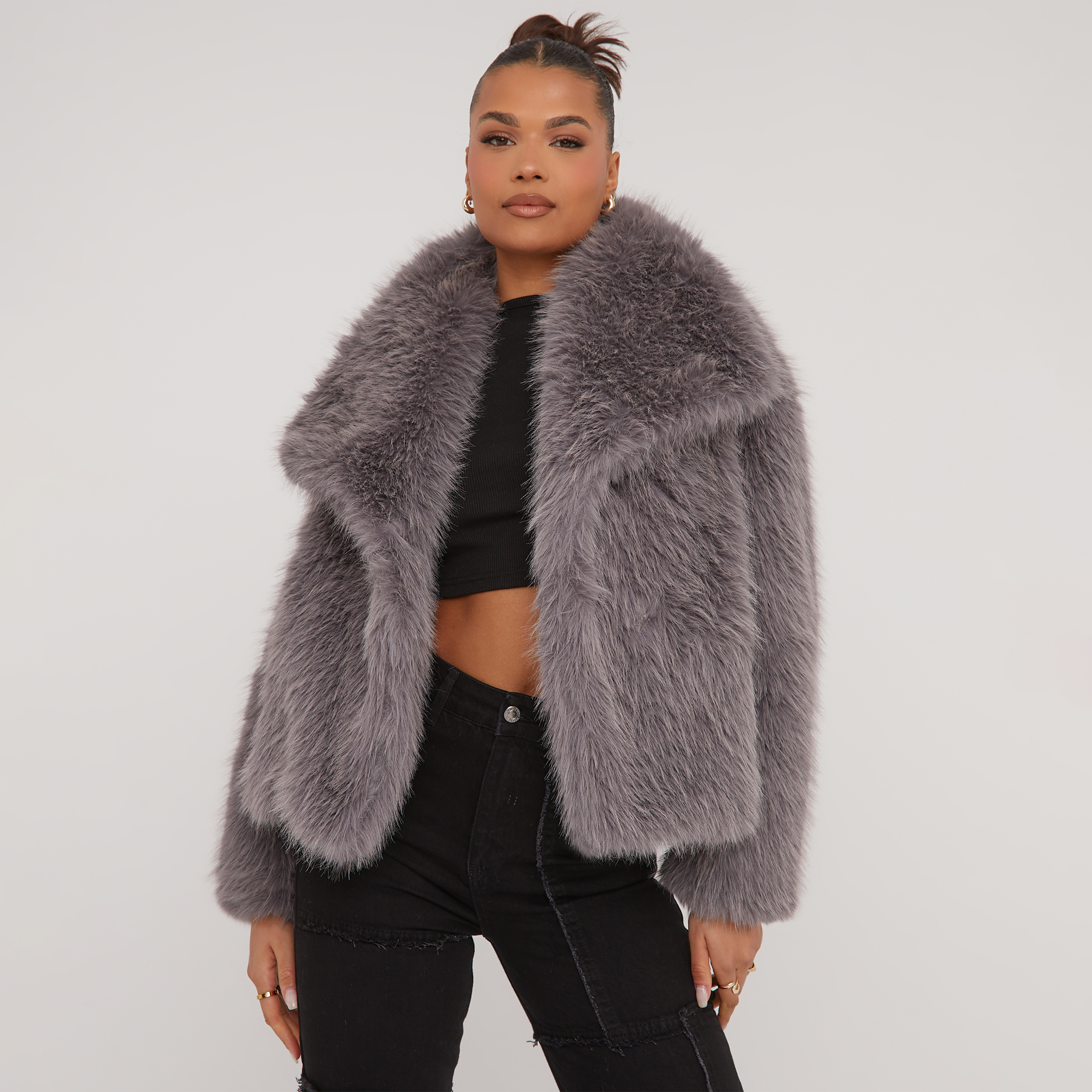 Grey fur coat clearance missguided