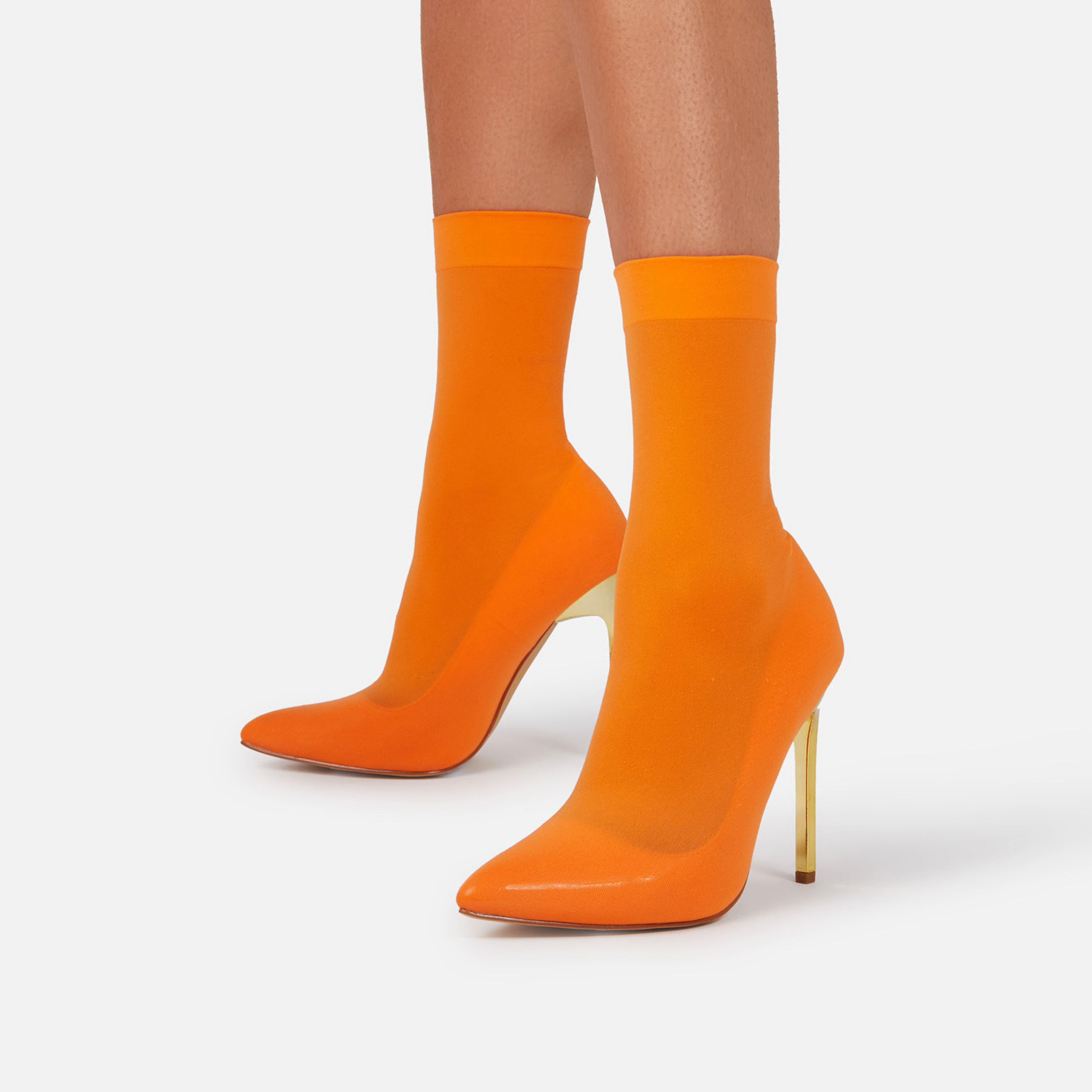 Valentina Pointed Toe Metallic Heel Ankle Sock Boot In Orange