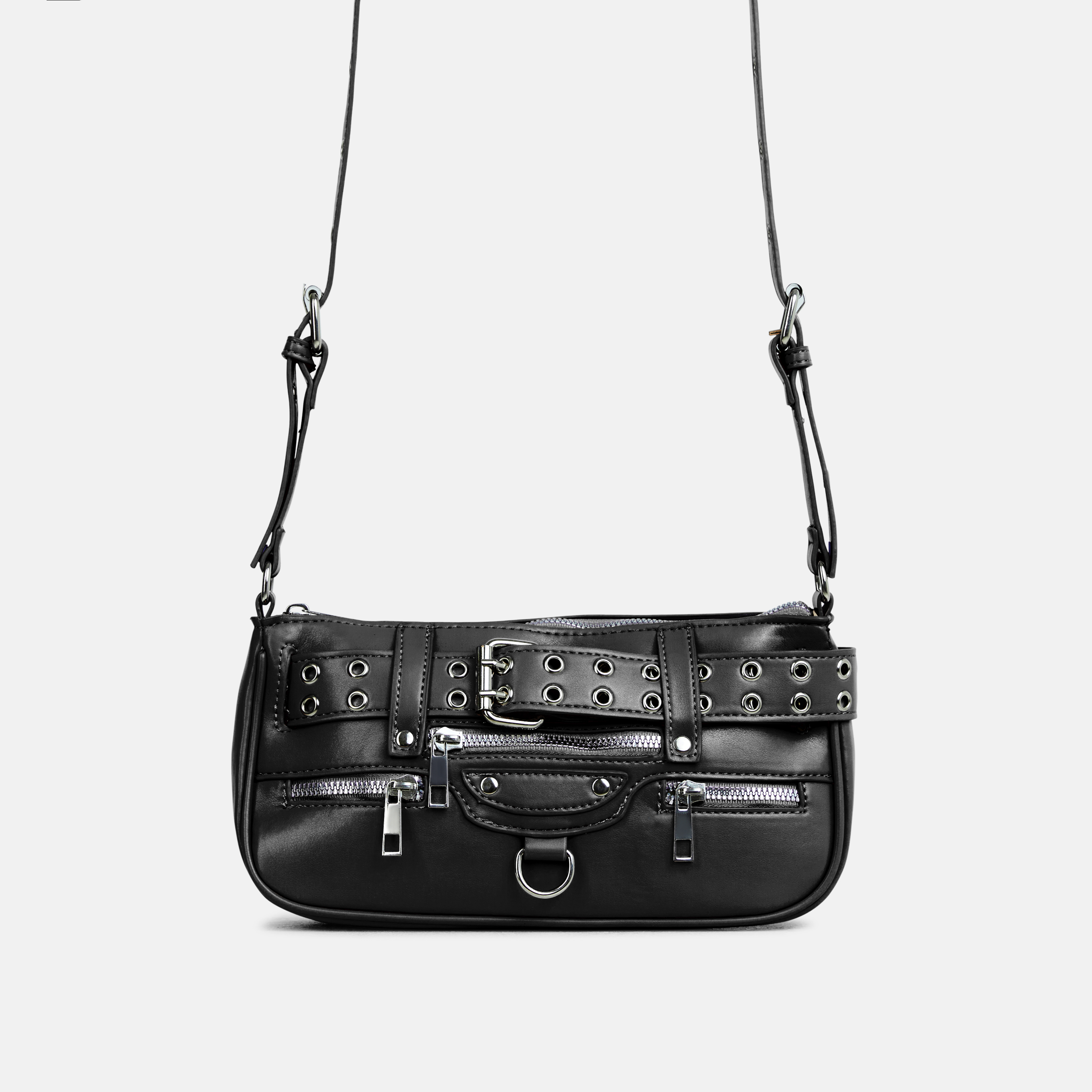 Garla Eyelet Buckle Detail Rectangle Shaped Cross Body Bag in Black Faux Leather, One Size - Ego
