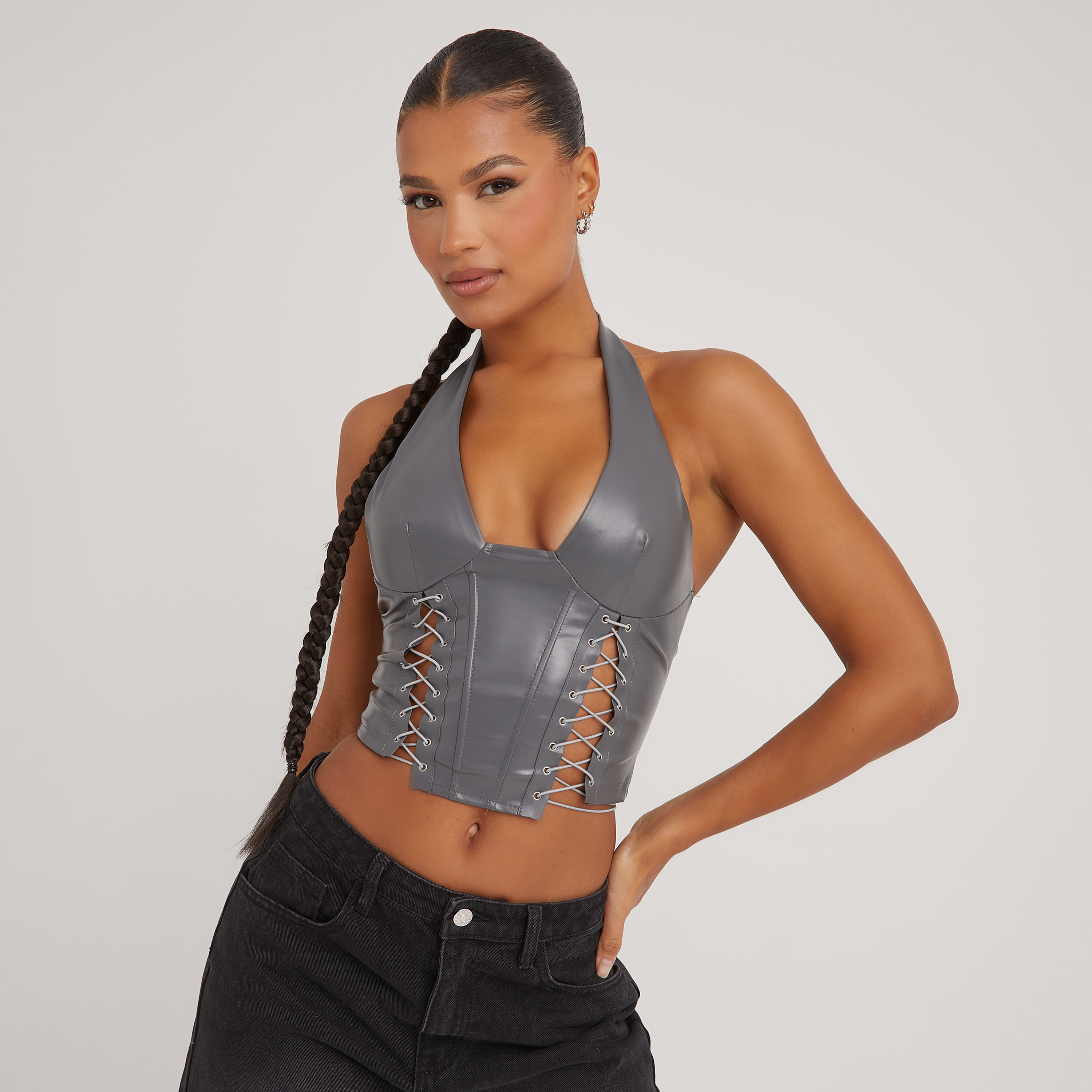 Cross Front Strappy Detail Corset Top In Black Faux Leather
