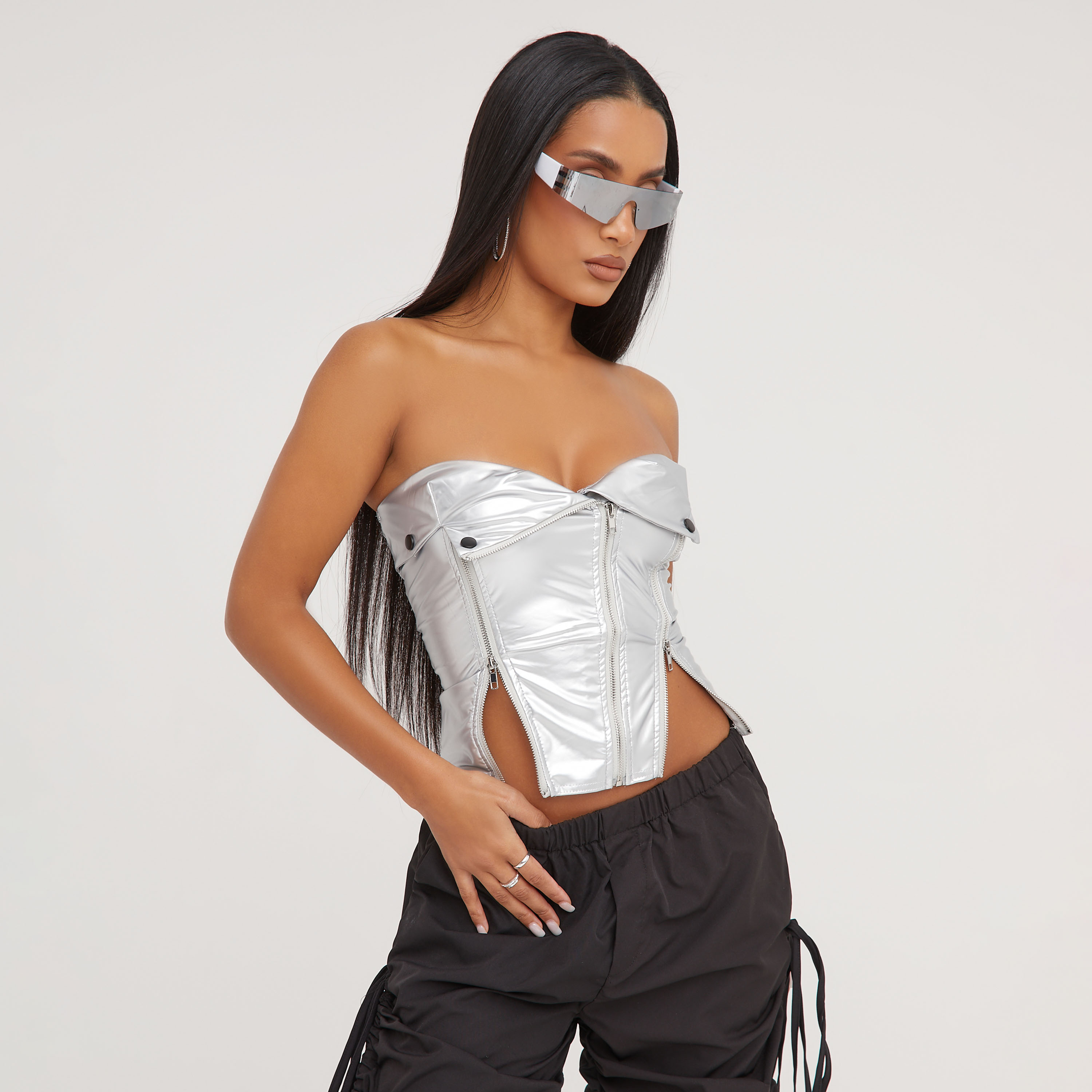 Fold Over Zip Detail Biker Corset Top In Silver Faux Leather