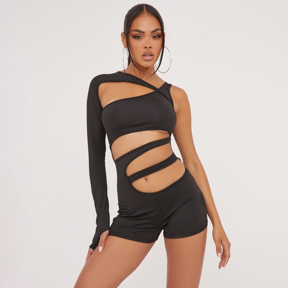 One Sleeve Extreme Cut Out Detail Playsuit In Black Woven | EGO