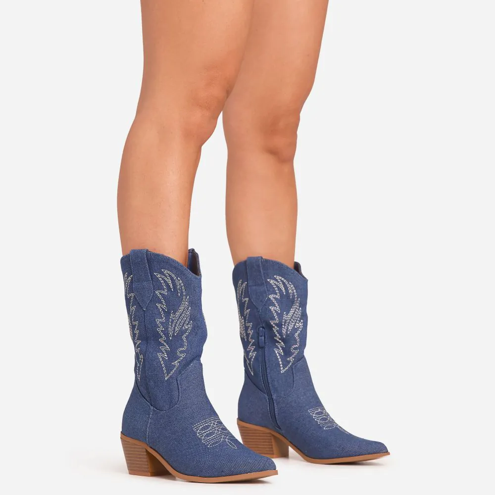 Venus Embroidered Detail Pointed Toe Mid Calf Western Cowboy Boot In Blue Denim