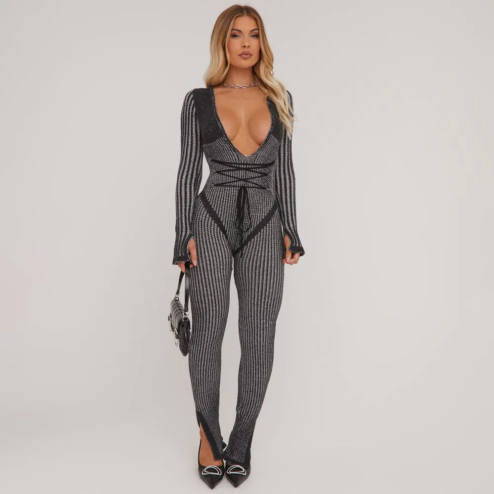 Long Sleeve Plunge Strappy Waist Detail Split Leg Jumpsuit In Contrast Black Rib Knit EGO