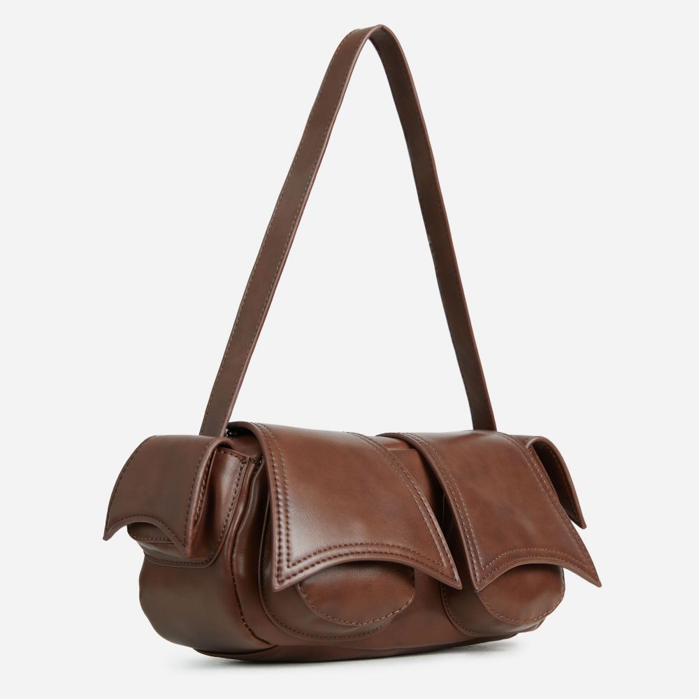 Bloom Multi Pocket Detail Shaped Shoulder Bag In Brown Faux Leather