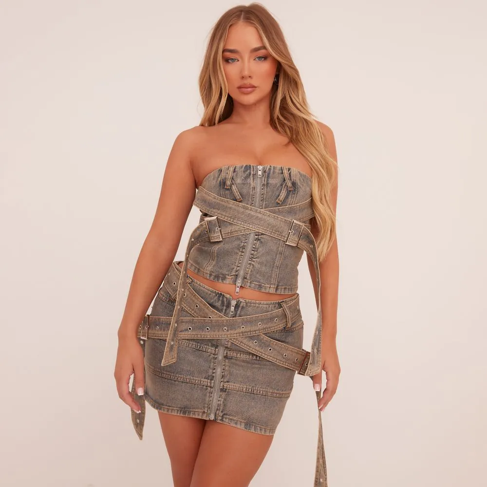 Low Rise Zip Front Belted Detail Mini Skirt In Blue Dirty Wash Denim