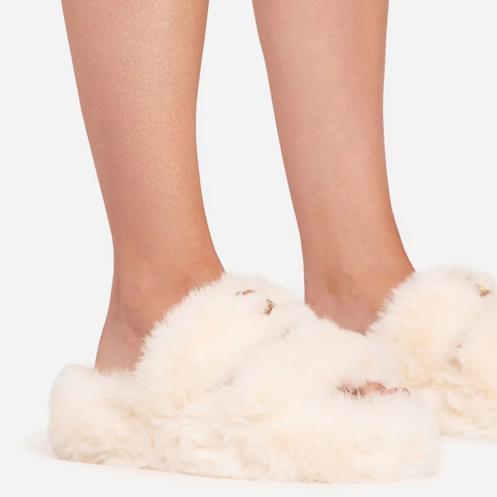 Stass Logo Detail Double Strap Flat Slipper In Cream Faux Fur