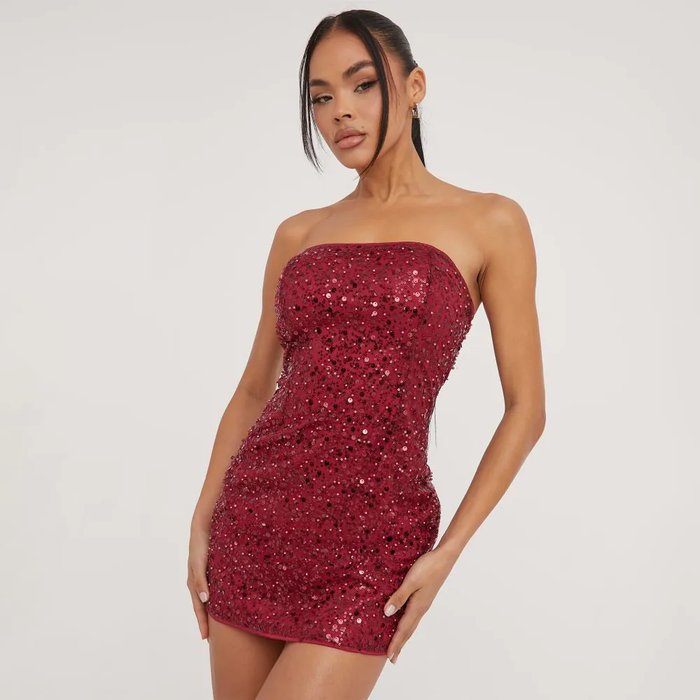 Bandeau Mini Bodycon Dress In Red Sequin