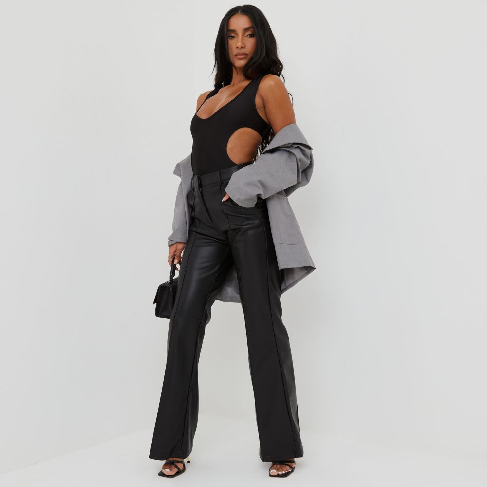 High Waist Seam Detail Wide Leg Trousers In Black Faux Leather