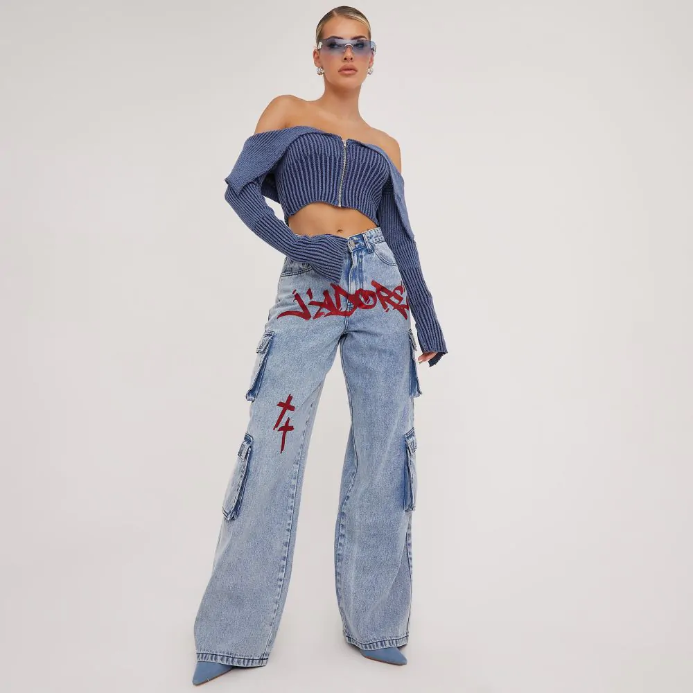 Mid Rise 'J'Adore' Crucifix Print Wide Leg Cargo Jeans In Blue Denim