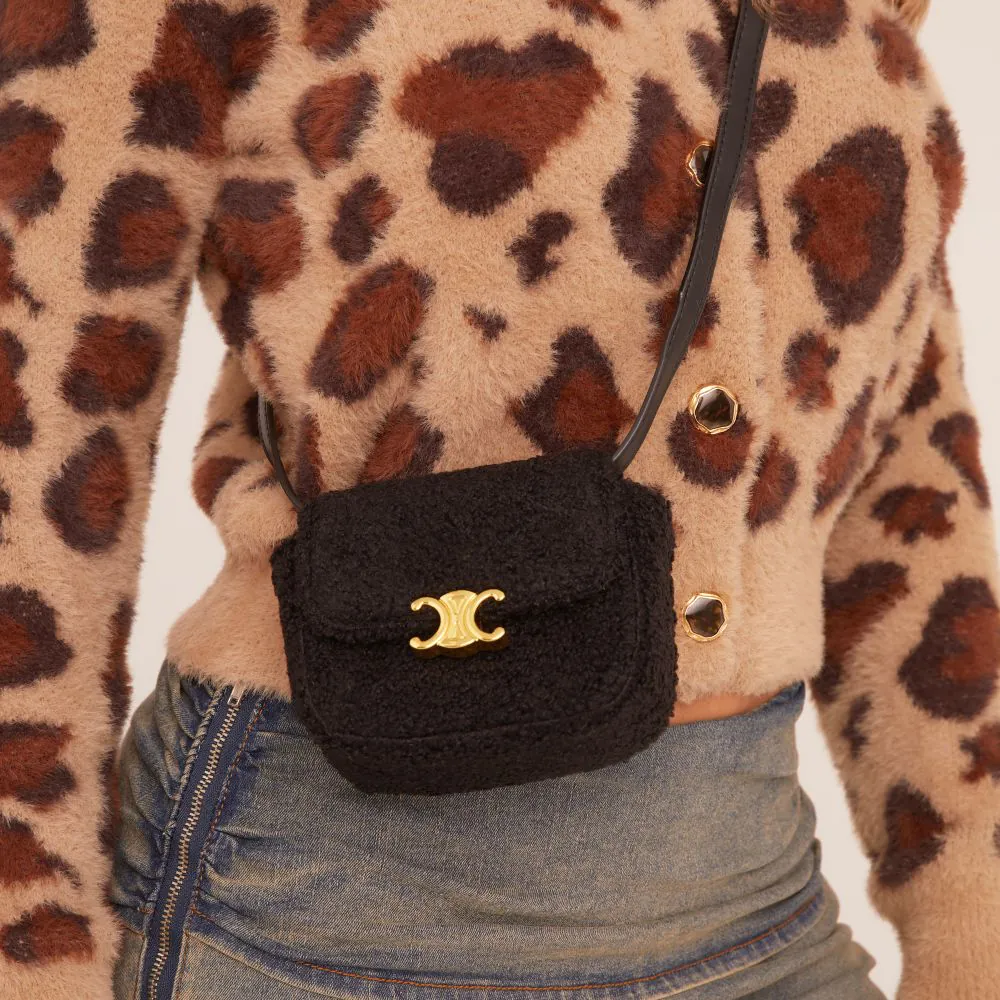 Luck Logo Detail Cross Body Bag In Black Faux Shearling