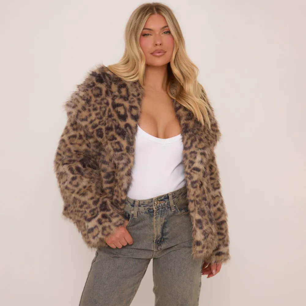 Oversized Collar Coat In Stone Leopard Print Faux Fur