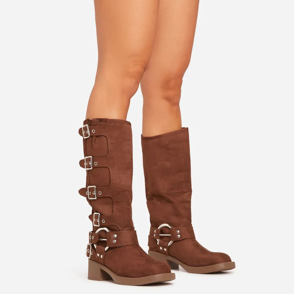 Buckle-Down Side Buckle Detail Midi Calf Biker Boot In Brown Faux Suede