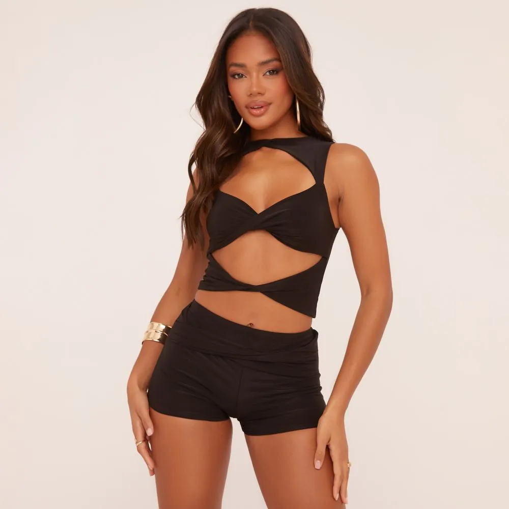 Sleeveless Cut Out Twist Front Crop Top In Black Slinky