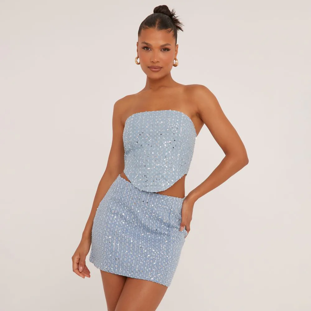 Sequin Detail Bandeau Corset Top And High Waist Mini Skirt Co-Ord Set In Blue