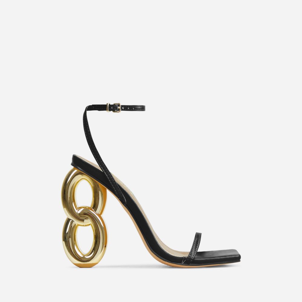 Farah Ankle Strap Square Toe Gold Chain Heel In Black Faux Leather