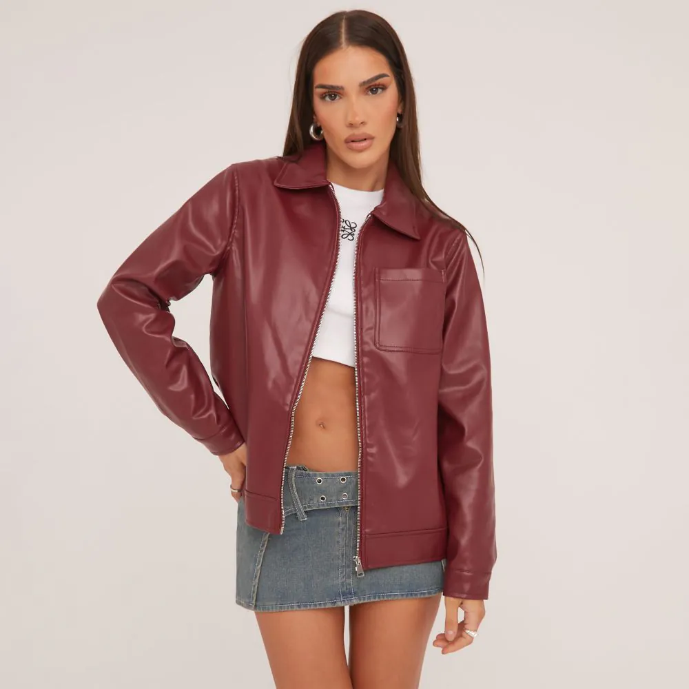 Pocket Front Trucker Jacket In Dark Red Faux Leather