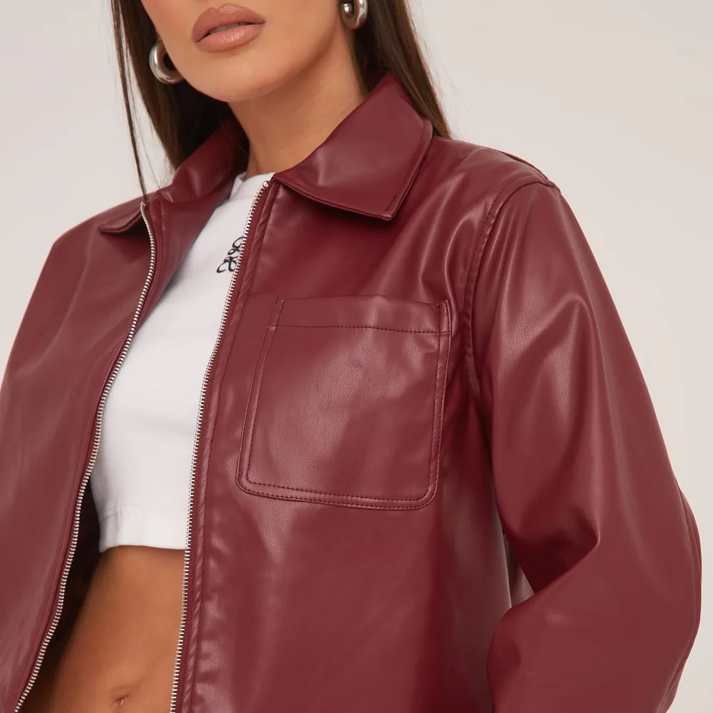 Pocket Front Trucker Jacket In Dark Red Faux Leather