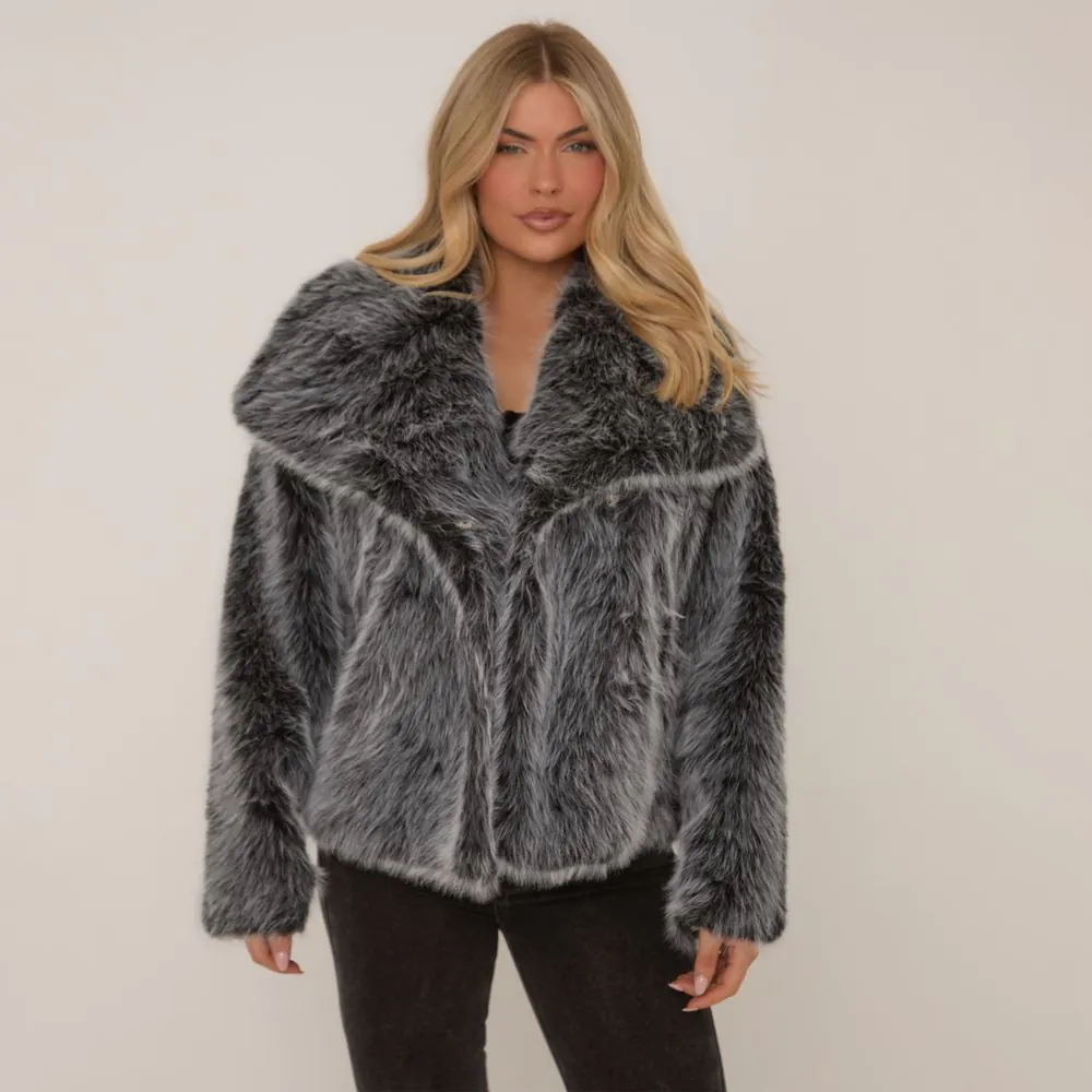 Collar Detail Jacket In Two Tone Grey Faux Fur