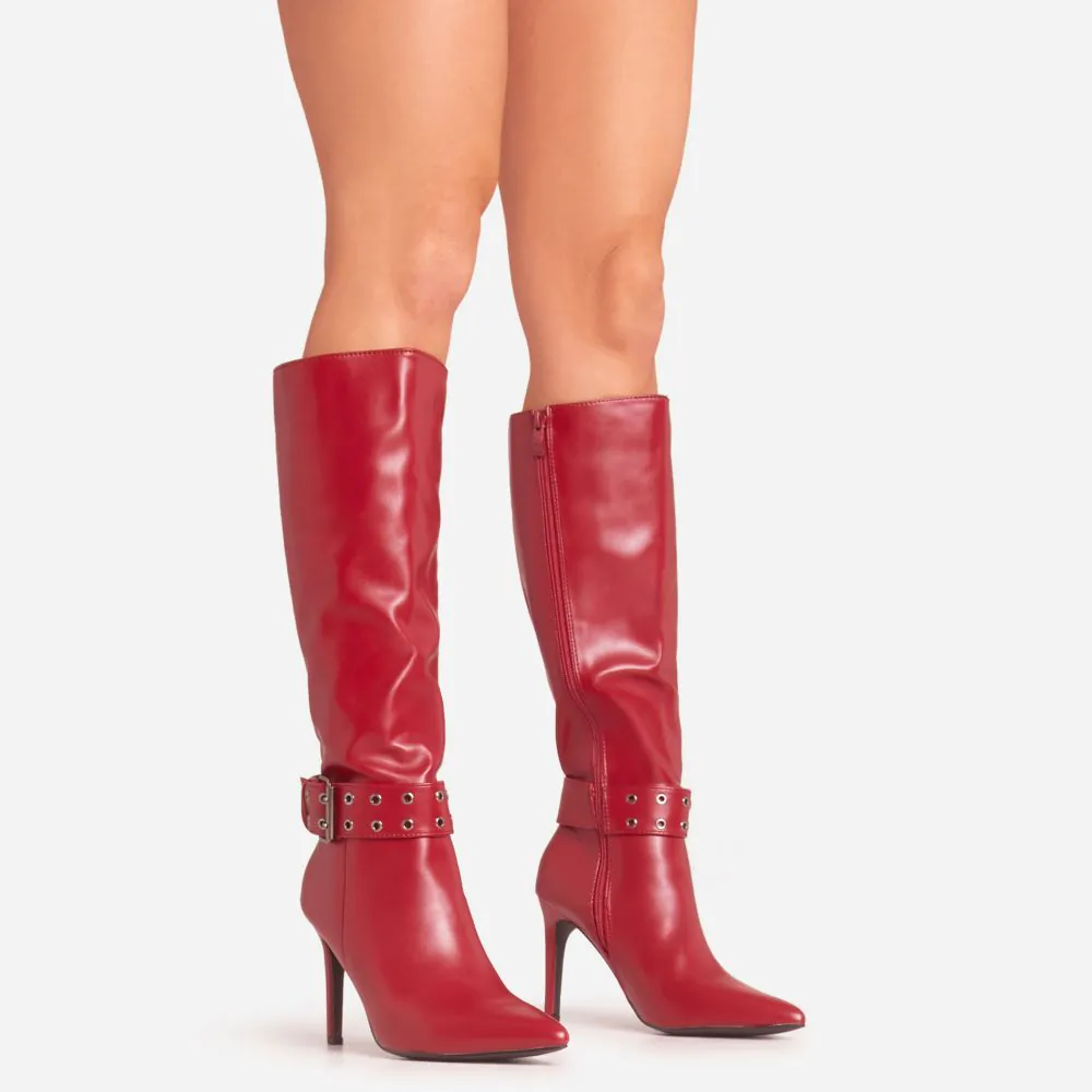 Hollis Buckle Detail Pointed Toe Knee High Long Heel Boot In Red Faux Leather