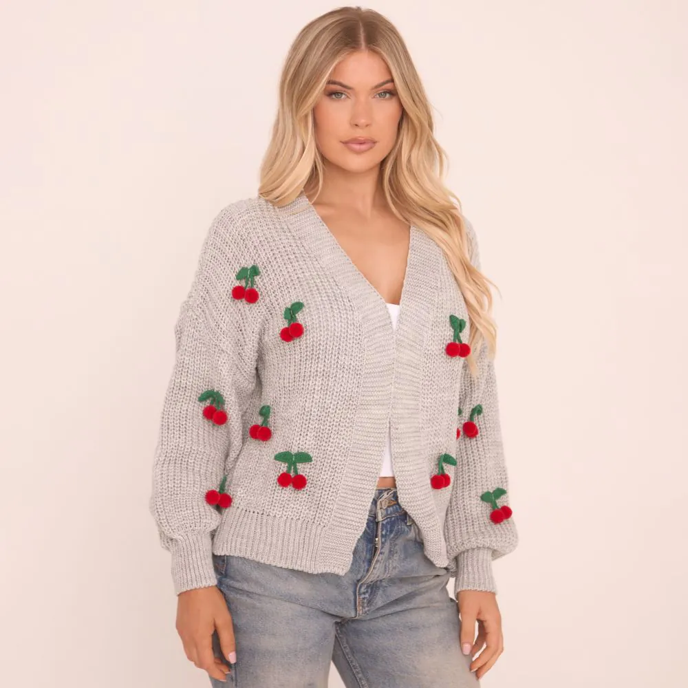 Balloon Sleeve 3D Cherry Print Cardigan In Grey Knit