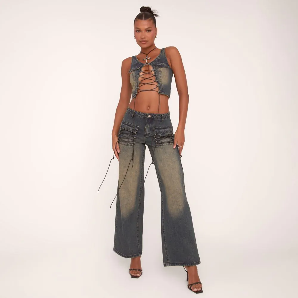 Mid Rise Lace Up Front Wide Leg Jeans In Vintage Blue Denim