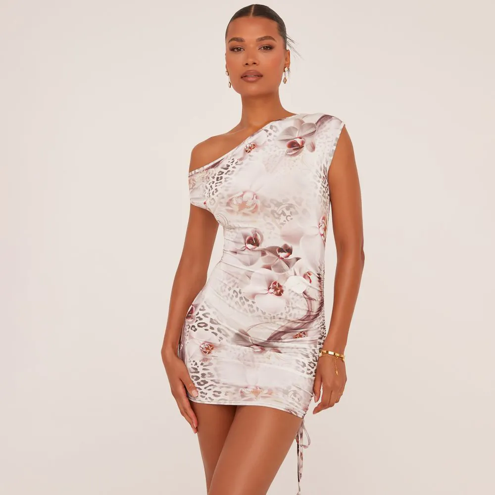 Asymmetric One Shoulder Ruched Detail Mini Bodycon Dress In White Floral Print Slinky