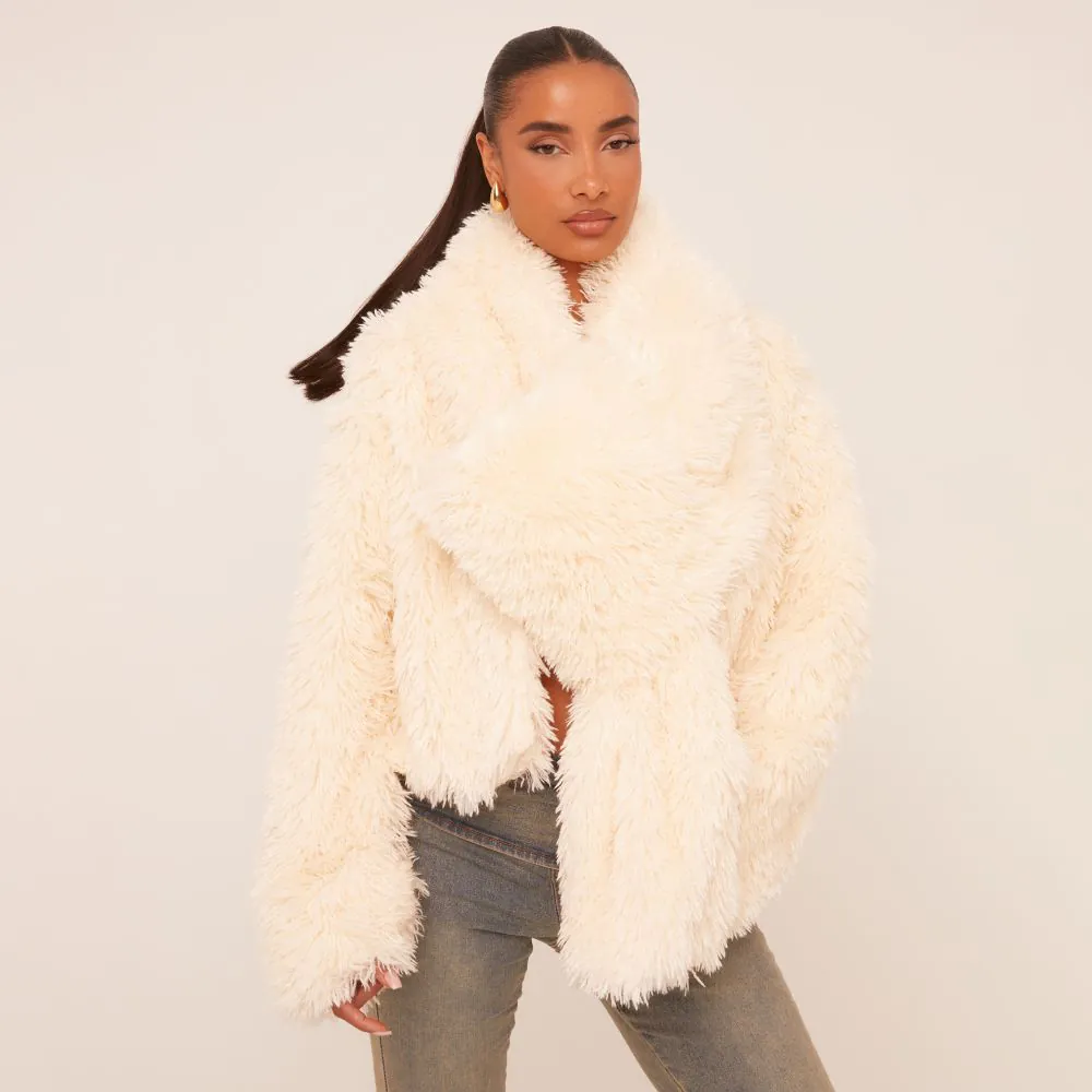 Fluffy Coat And Matching Scarf In Cream Faux Fur