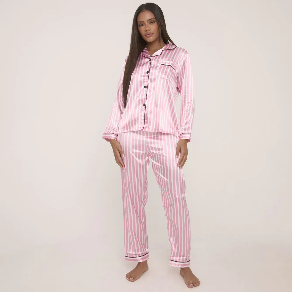 Long Sleeve Shirt And Trousers Pyjama Set In Pink Stripe Satin