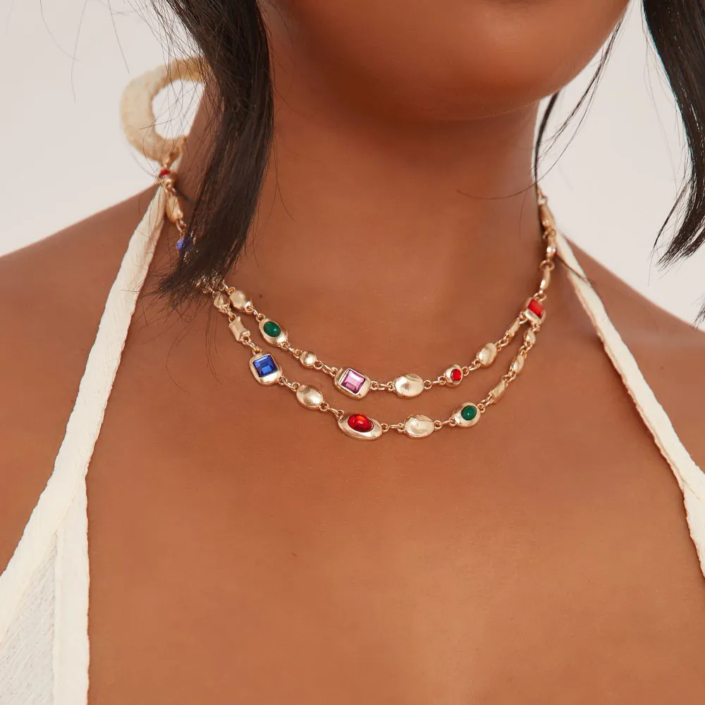 Multi Gem Detail Layered Necklace In Gold