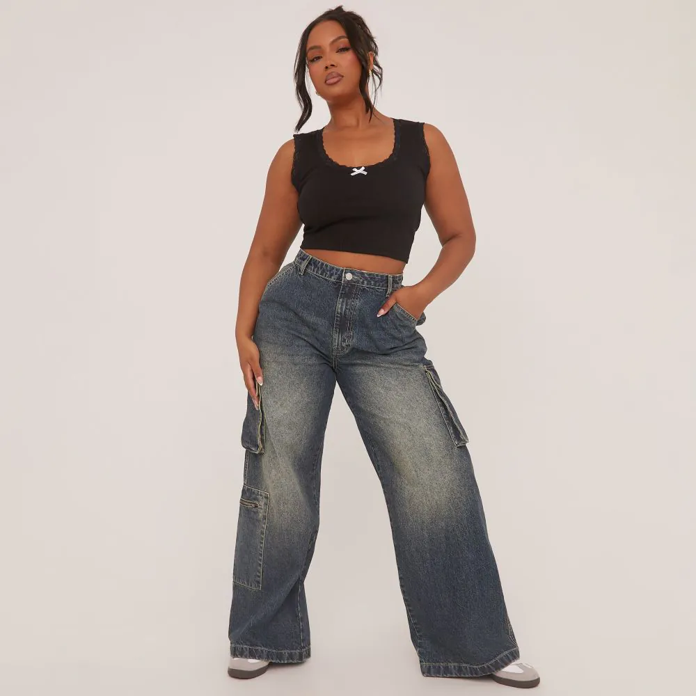 Plus High Waist Wide Leg Cargo Jeans In Blue Vintage Washed Denim