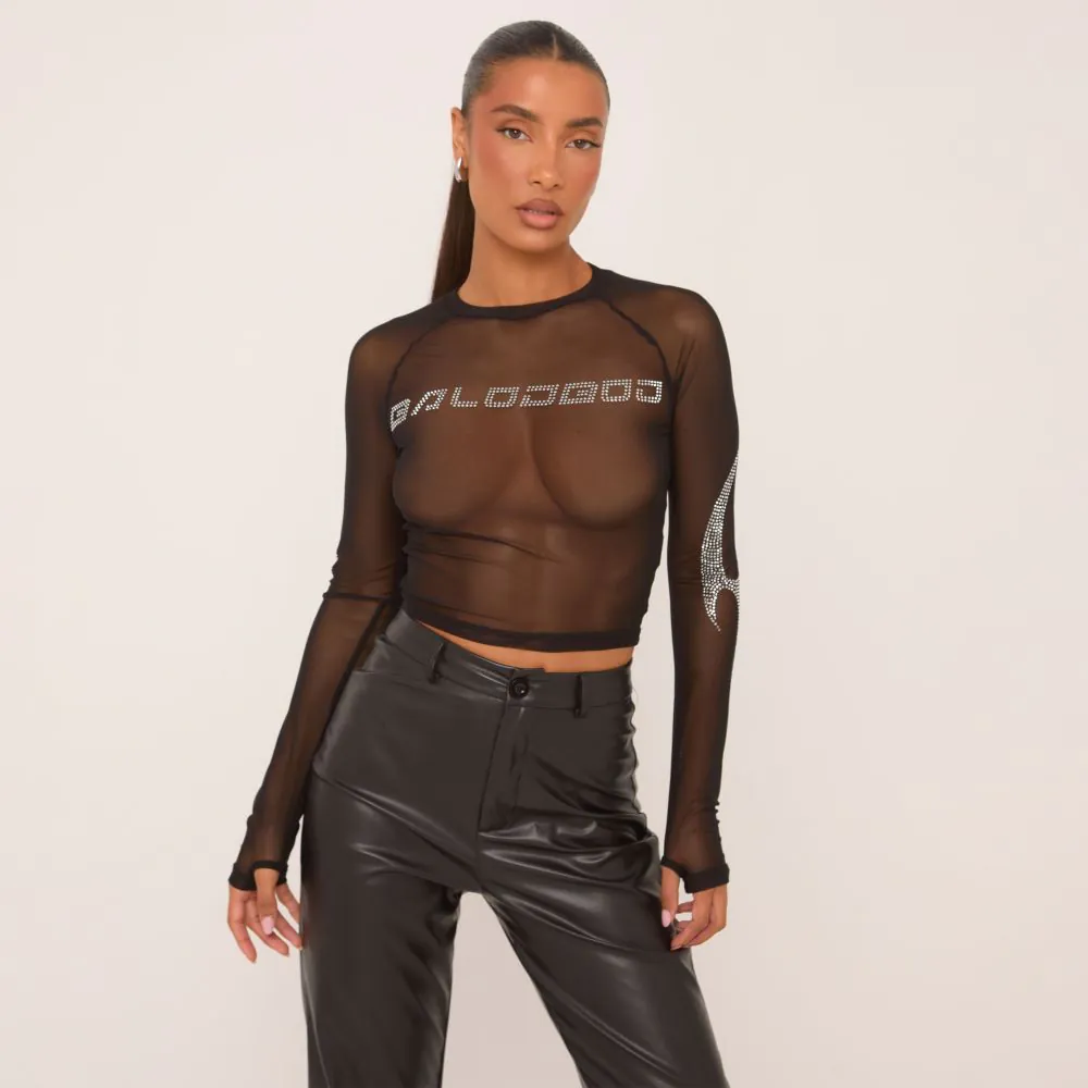 Long Sleeve Diamante Detail Top In Black Mesh