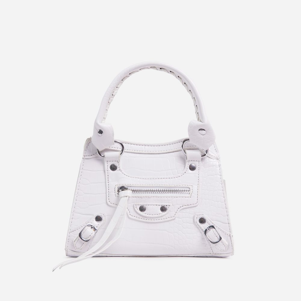 Bella Mini Tote Bag In White Croc Print Faux Leather