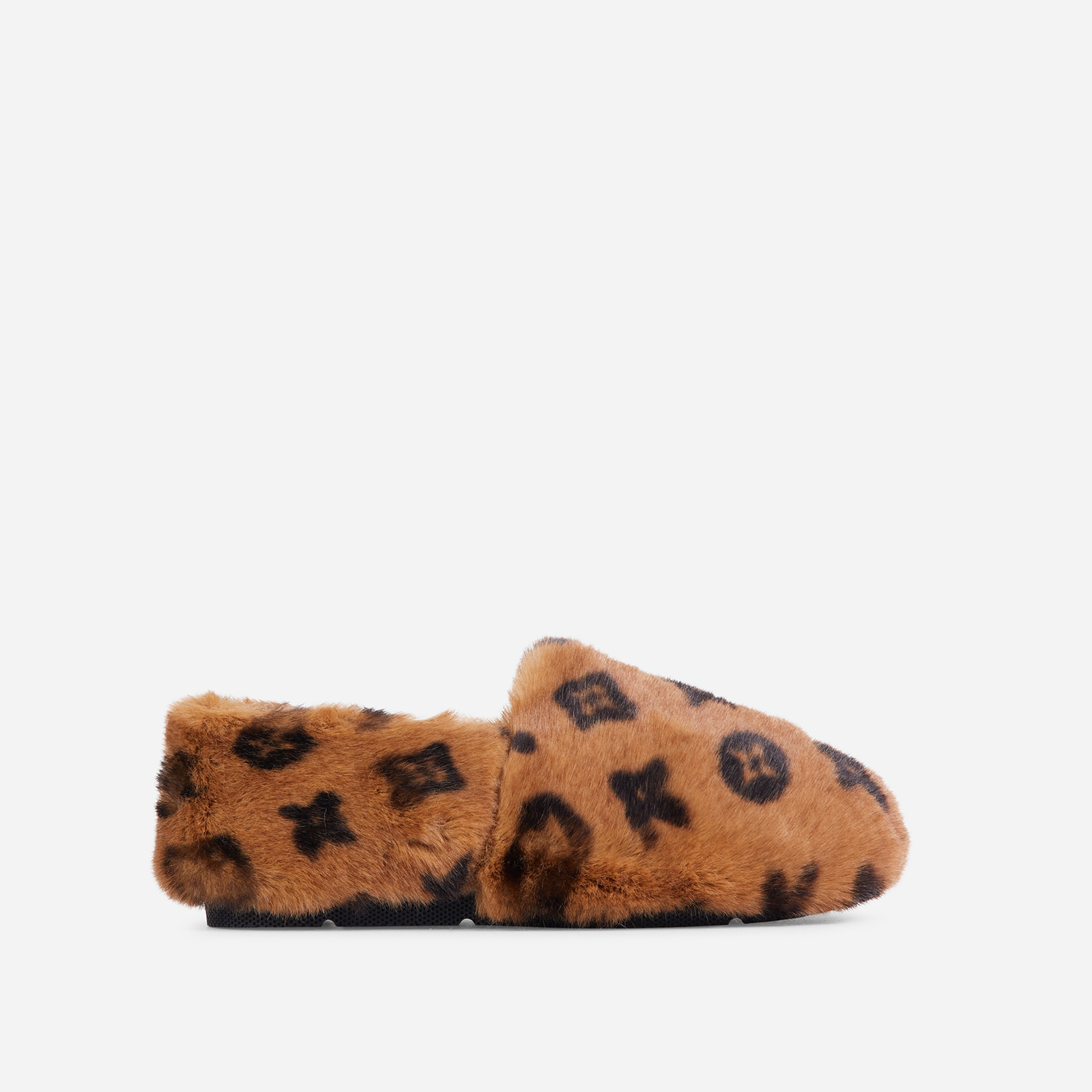 Kahlua Fluffy Printed Detail Flat Slipper In Pink Faux Fur