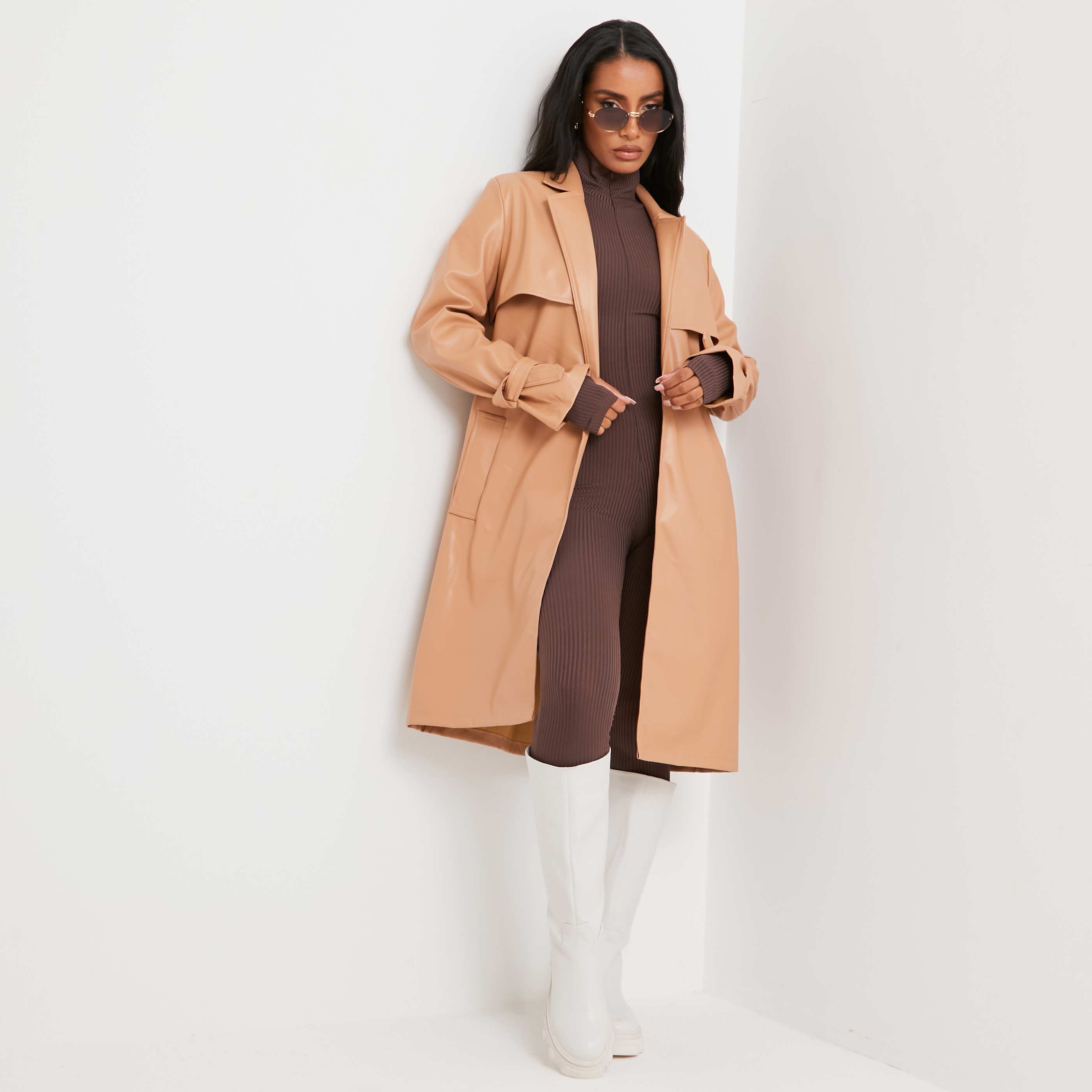 Belted Trench Coat In Beige Nude Faux Leather | EGO