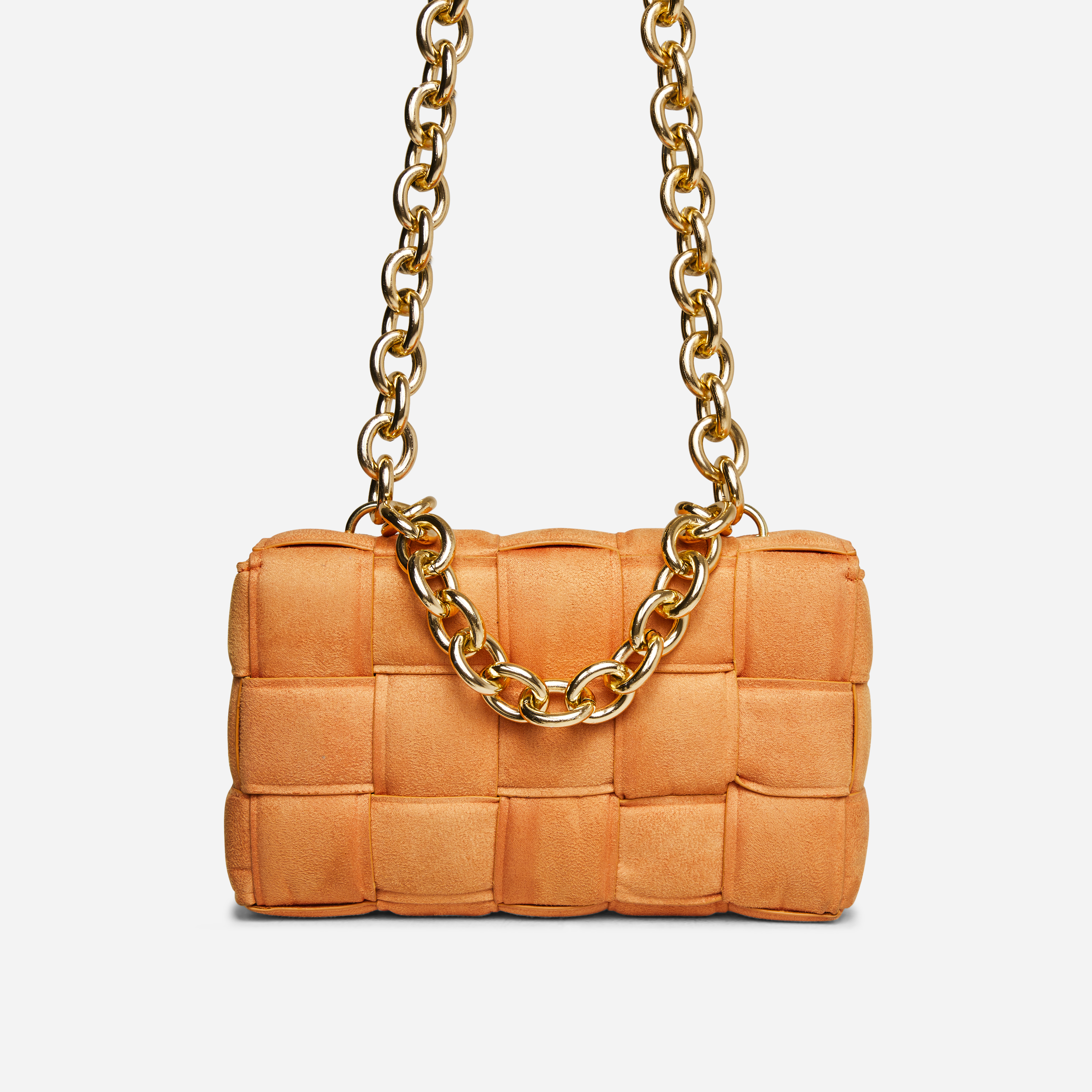 Jackson Chain Detail Quilted Shoulder Bag In Orange Faux Suede